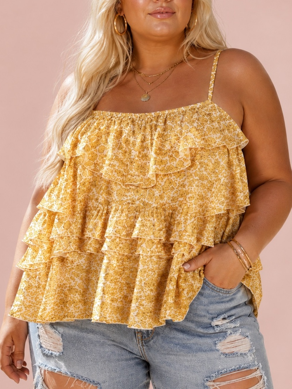 🌾 OLD NAVY NWT Yellow Floral Cottagecore Ruffle Cami Blouse Sz XXL